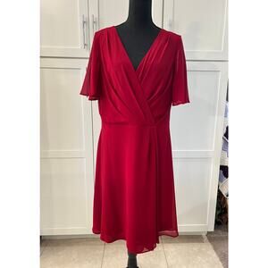 LAUREN Ralph Lauren Red Chiffon Dress Women's Sz 12 Midi Blue Label Short Sleeve
